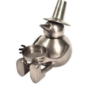 Vintage Eddie Bauer Silver Stainless Steel Snowman Candleholder 6” x 5.75 x 3”